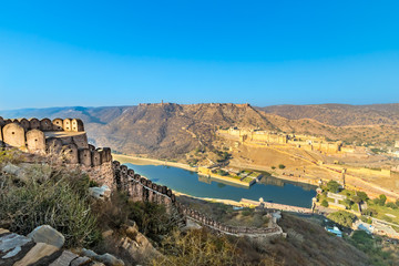 Fototapeta na wymiar The Amber Fort and lake in Rajasthan, India.