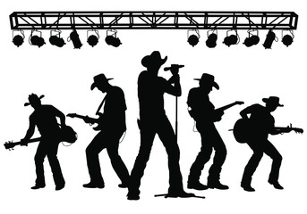 Vector silhouettes of a country music band performing on stage.