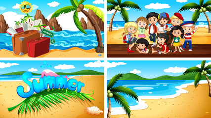 Four background scenes with kids on the beach