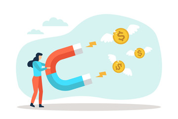 Businesswoman attract money dollar coins with a large magnet