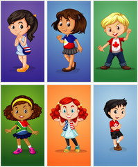Six children on different backgrounds