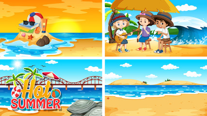 Obraz na płótnie Canvas Four background scenes with summer on the beach