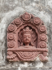 BHAKTAPUR, NEPAL APRIL 30 - A carving of the face of a goddess in Bhaktapur, Nepal on April 30th 2014