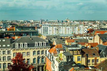 Fototapeta na wymiar Beautiful top view of old houses in Brussels. Gorgeous bright cityscape on a sunny day.