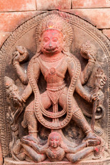 A sculpture of the Hindu monkey-god Hanuman in his tantric form of Hanuman-Bhairava in Bhaktapur, Nepal.