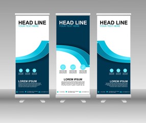 Blue Roll up banner stand. Vertical Vector template design. Modern Flag Banner Design with abstract background can be used for Annual Report, Cover, Flyer, Magazine, Presentation, Poster, Website