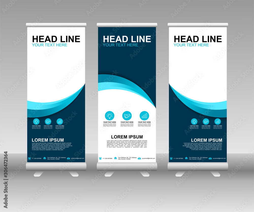 Sticker blue roll up banner stand. vertical vector template design. modern flag banner design with abstract 