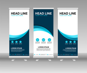 Blue Roll up banner stand. Vertical Vector template design. Modern Flag Banner Design with abstract background can be used for Annual Report, Cover, Flyer, Magazine, Presentation, Poster, Website