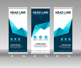 Blue Roll up banner stand. Vertical Vector template design. Modern Flag Banner Design with abstract background can be used for Annual Report, Cover, Flyer, Magazine, Presentation, Poster, Website
