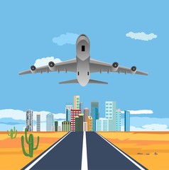 Fototapeta premium Airplane in the sky, runway take-off plane. vacation design. Blue sky. Vector illustration.