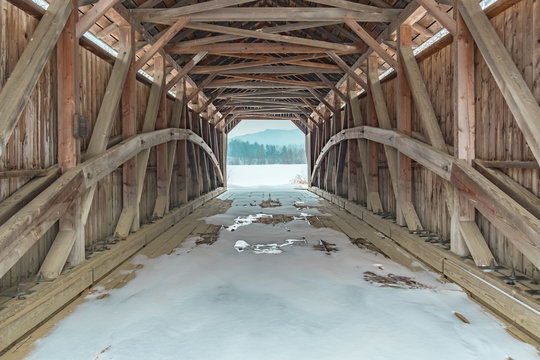 Covered Bridge during winter, Vermont, USA.