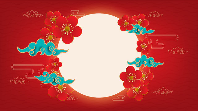 Chinese Lunar Year Traditional Background Decorated With Moon, Flowers, And Cloud Chinese On Red Background. Vector Illustration.    