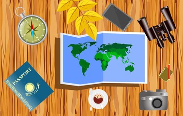 Tourism, vacation plans concept with passport, tickets, smartphone and photo camera. travel concept with . Vector illustration
