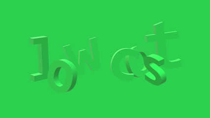 Graphic with depth and perspective. 3D illustration. Poster, banner Low cost illustrated in block green text, graphics placed randomly.