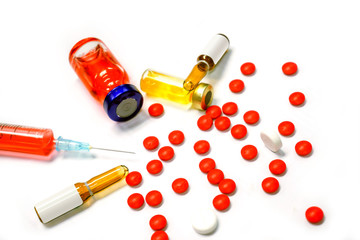 vaccine in plastic syringe and vial, ampules with medicines of drug for heal put on white background.  