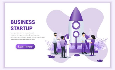 Business start up concept with people work near a rocket ready getting launch. Can use for web banner, infographics, landing page, web template. Flat vector illustration
