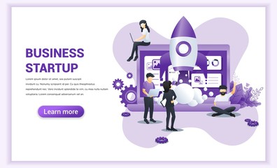 Start up your project concept with people working on rocket launch. Development process, Innovation product, creative idea. Can use for web banner, landing page, web template. vector illustration