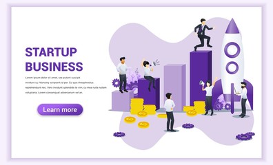 Fototapeta na wymiar Start up business concept. Businessman running to rocket and move up to their goal. Can use for web banner, infographics, landing page, web template. Vector illustration