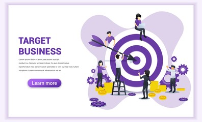 Business web banner concept design. People put darts on the dartboard. target with an arrow, hit the target, goal achievement. Flat vector illustration