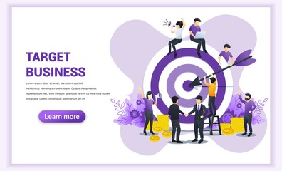 Business web banner concept design. Businessmen shaking hands have reach the target of business work on big target board. Goal achievement, partnership, leadership. Flat vector illustration