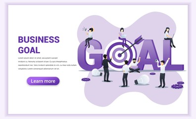 Business goal concept design. People work, sit and stand near the big GOAL symbol. Target with an arrow, reach the target, goal achievement. Flat vector illustration