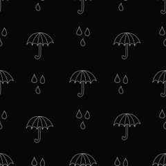 Seamless pattern with umbrellas. Black and white vector illustration.