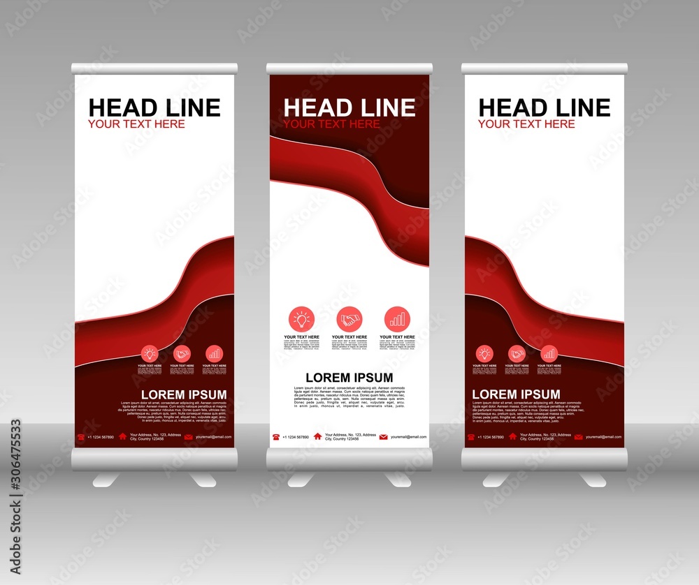 Poster red roll up banner stand. vertical vector template design. modern flag banner design with abstract b