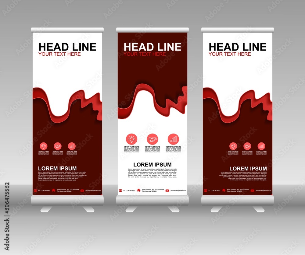 Poster red roll up banner stand. vertical vector template design. modern flag banner design with abstract b