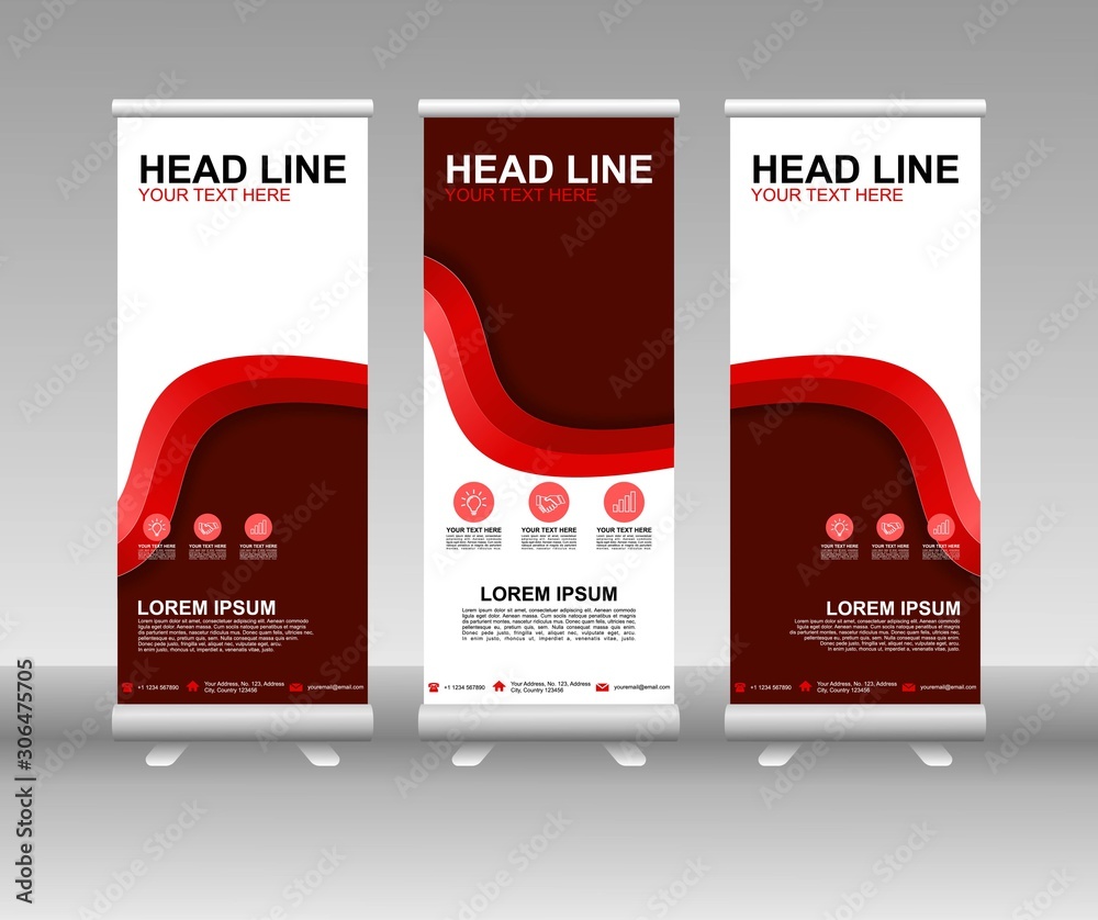 Wall mural red roll up banner stand. vertical vector template design. modern flag banner design with abstract b