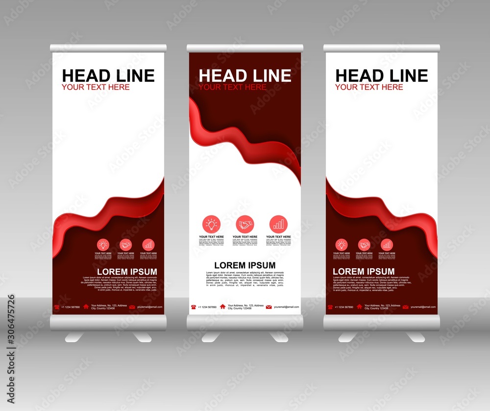 Poster red roll up banner stand. vertical vector template design. modern flag banner design with abstract b
