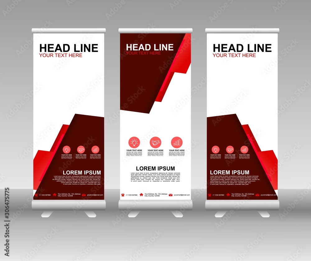 Poster red roll up banner stand. vertical vector template design. modern flag banner design with abstract b