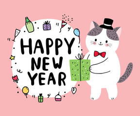Cartoon cute cat and gift celebration new year vector.