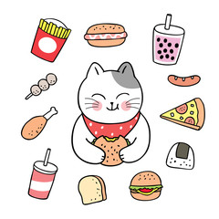 Cartoon cute cat eating foods vector.