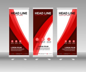 Red Roll up banner stand. Vertical Vector template design. Modern Flag Banner Design with abstract background can be used for Annual Report, Cover, Flyer, Magazine, Presentation, Poster, Website