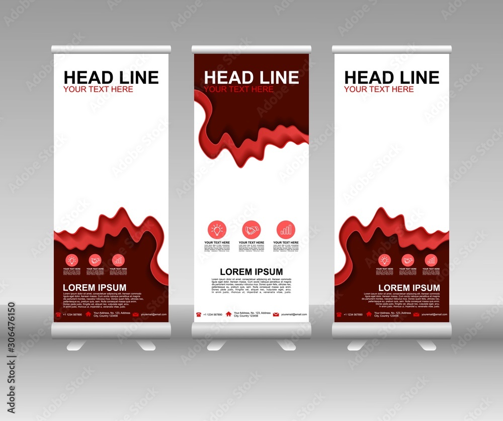 Wall mural red roll up banner stand. vertical vector template design. modern flag banner design with abstract b