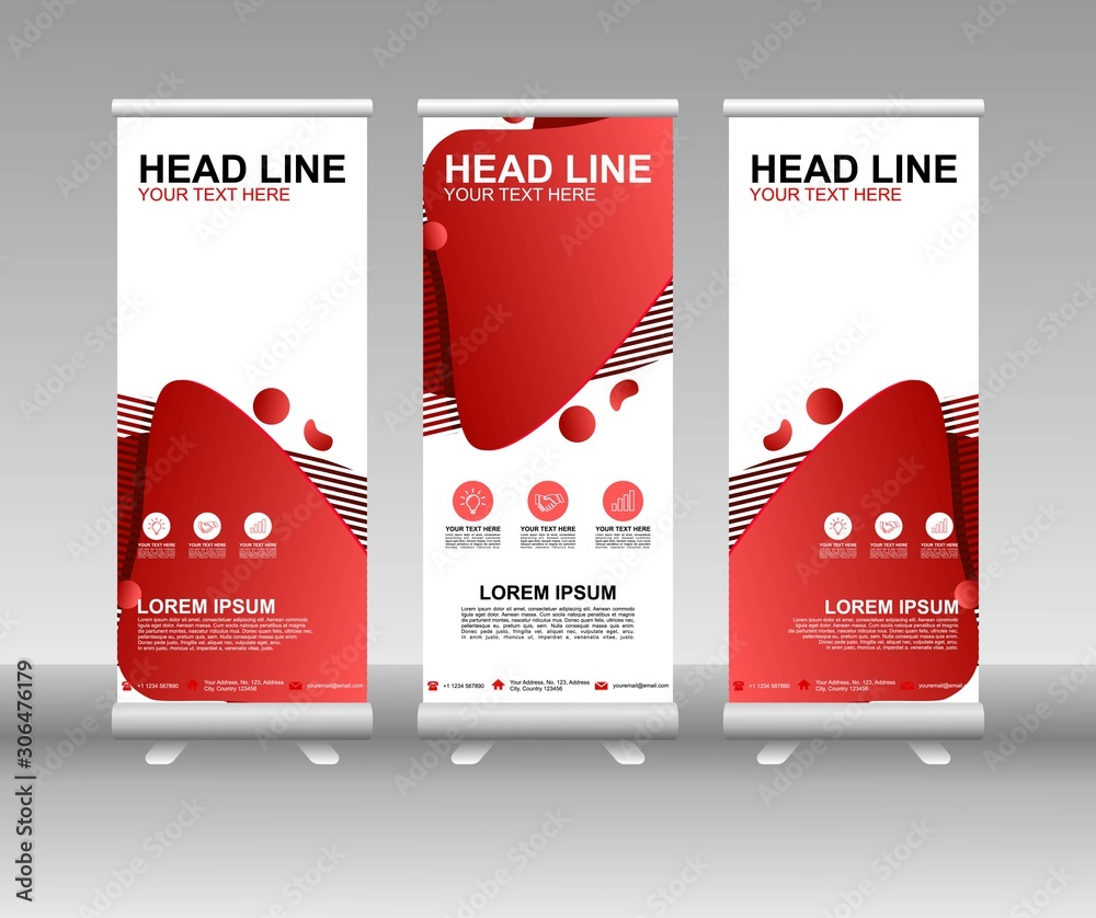 Wall mural red roll up banner stand. vertical vector template design. modern flag banner design with abstract b