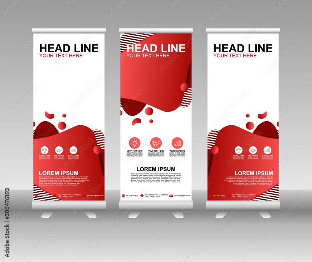 Wall mural red roll up banner stand. vertical vector template design. modern flag banner design with abstract b