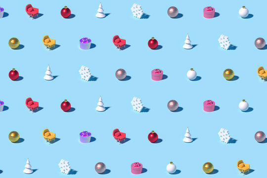Trendy Christmas pattern made with various winter and New Year objects on bright light blue background. Minimal Christmas concept. 3d render