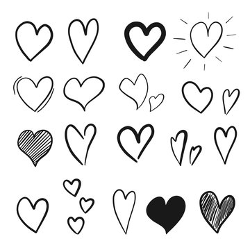 Collection of hand drawn hearts isolated on white background. Vector illustration