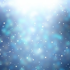 Light snow on blue glare blur background. Winter festive plain illustration.