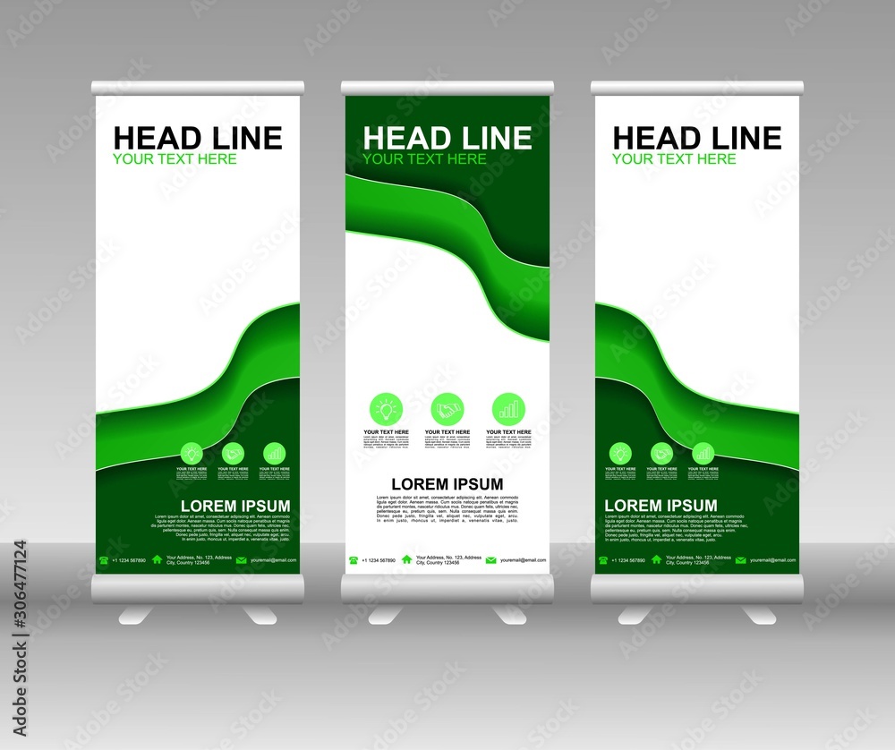 Wall mural roll up banner stand. vertical vector template design. modern flag banner design with abstract backg