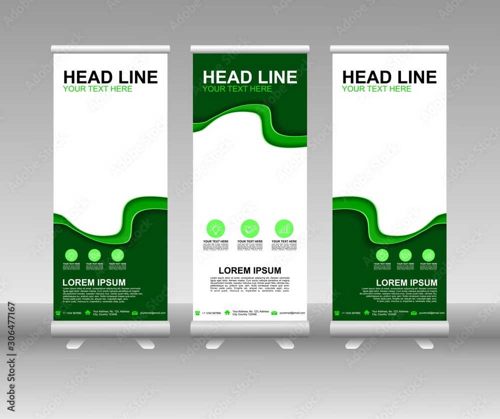 Wall mural roll up banner stand. vertical vector template design. modern flag banner design with abstract backg