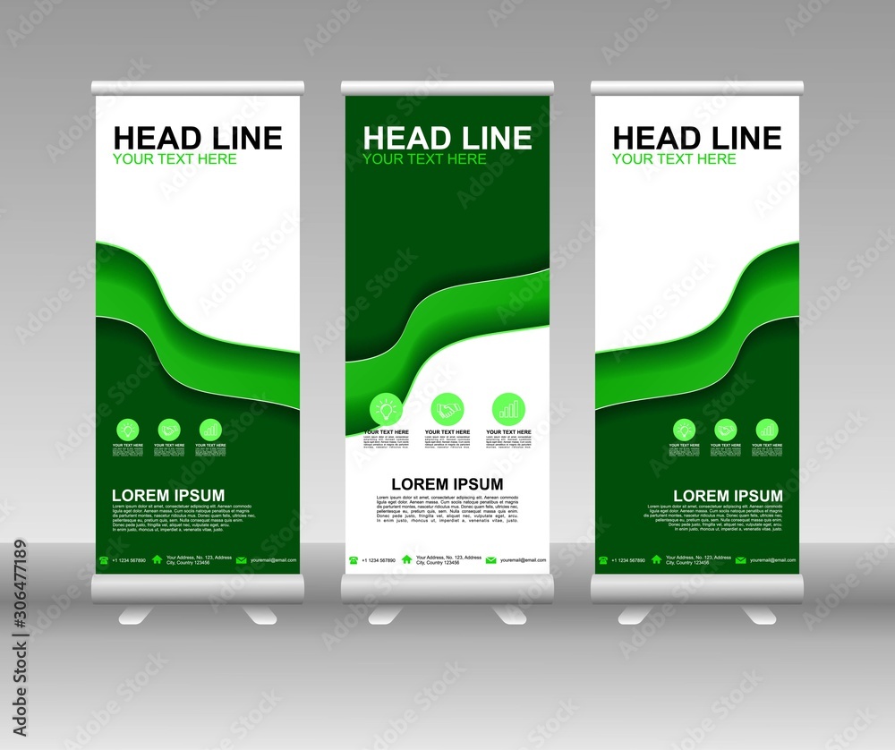 Sticker roll up banner stand. vertical vector template design. modern flag banner design with abstract backg