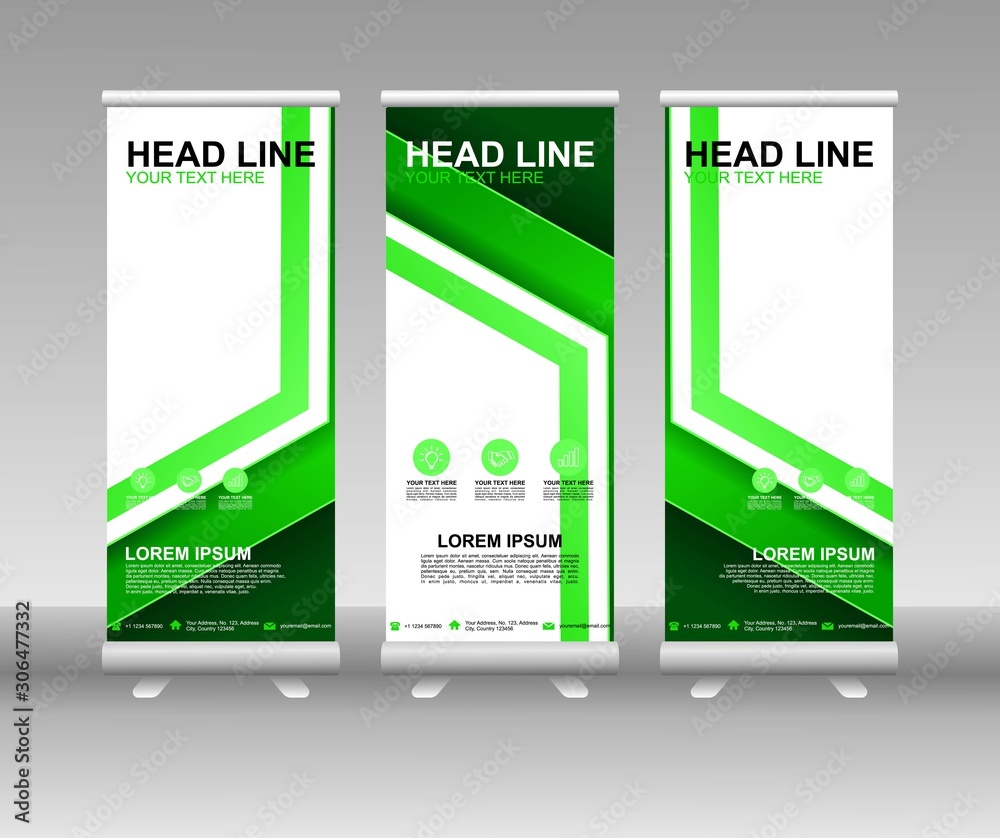 Poster roll up banner stand. vertical vector template design. modern flag banner design with abstract backg