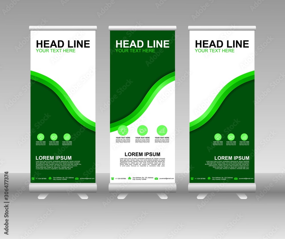 Poster roll up banner stand. vertical vector template design. modern flag banner design with abstract backg