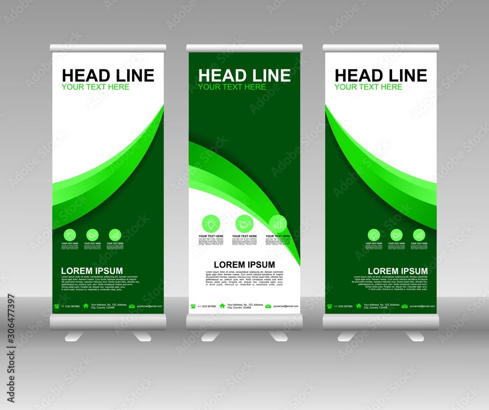 Wall mural roll up banner stand. vertical vector template design. modern flag banner design with abstract backg