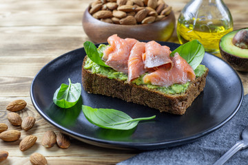 Sandwich with smoked salmon, avocado cream, fresh basil. Healthy nutrition. Concept for healthy snack. Close up.