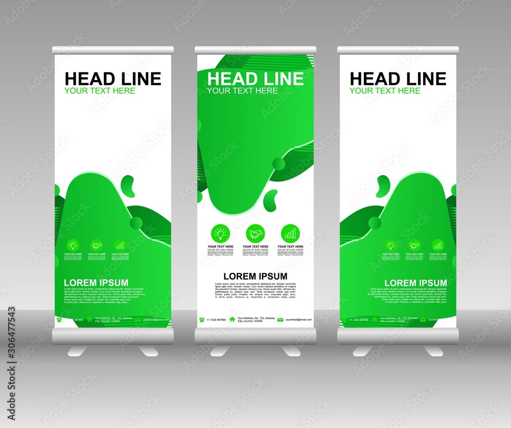 Poster roll up banner stand. vertical vector template design. modern flag banner design with abstract backg