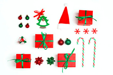 Christmas set of gifts, decorations and candy canes on white background.