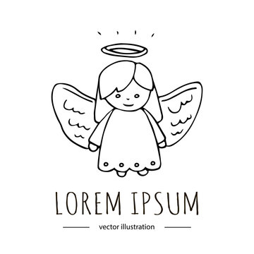 Hand drawn doodle Angel girl with wings and nimbus icon Cute vector illustration sketchy religion traditional symbol Cartoon Christian concept element 